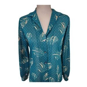Vintage 80s Graff Green Long Sleeve Button Up Shirt M Blouse Secretary Geek Chic